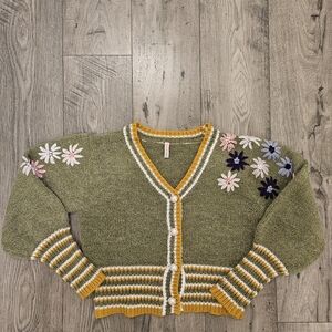 Anthropologie RAGA Cottagecore Embroidered Floral Olive Cardigan Sweater